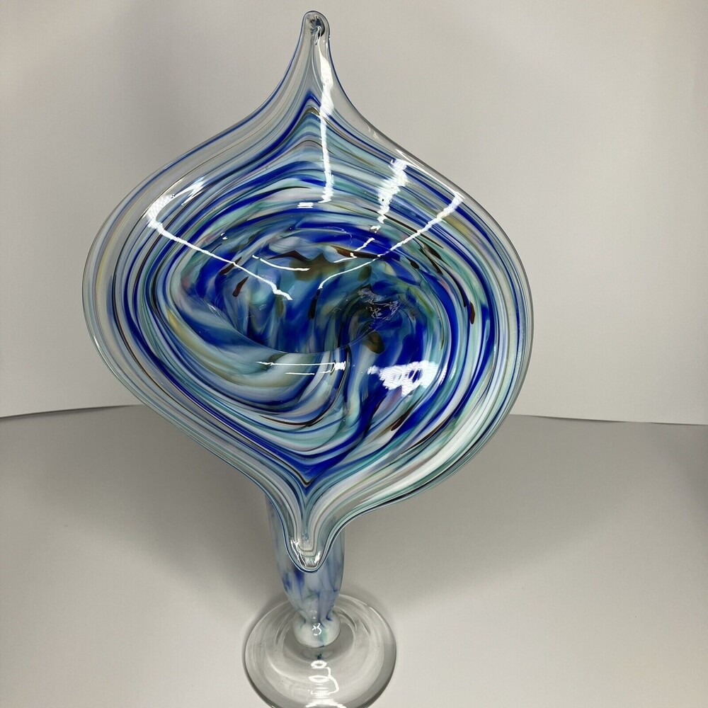 15” Tall Hand Blown Blue Swirl With Colors Art Glass Vase Art Sculpture